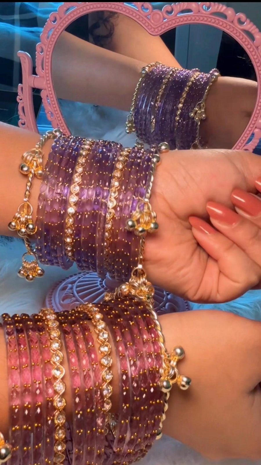 Purple ombre bangles stack with heart mirror